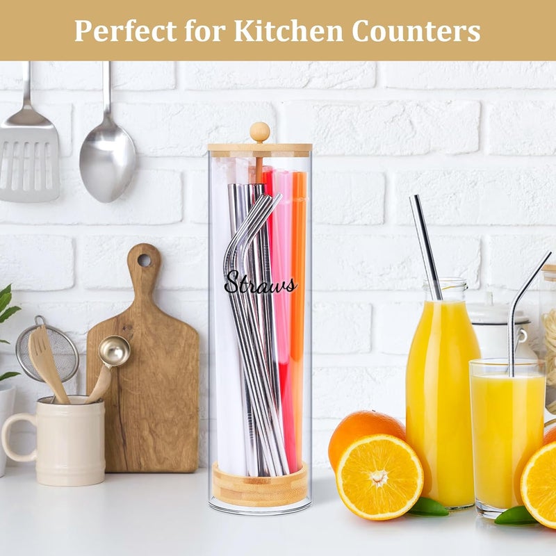 JYPS Acrylic Straw Holder 100 Pcs Colored Straws Includ, 13 Inch Clear Drinking Straw Organizer Container with Bamboo Lid & Sticker for Plastic Straws, Straw Organizer for Kitchen - Image 4
